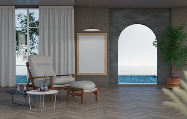 3D mockup blank photo frame in living room rendering