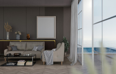 3D mockup blank photo frame in living room rendering