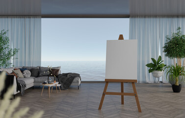 3D mockup blank photo frame on tripod in living room rendering