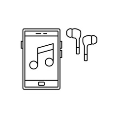 Smartphone playing music with earphone icon in line style icon, isolated on white background