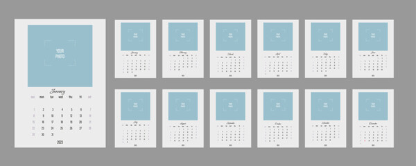 Wall calendar template for 2023. Set of 12 months. 2023 The week starts on Sunday. Concept, vector editable calendar page template for photography. Planner design. Vertical.