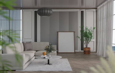 Fototapeta premium 3D mockup blank photo frame in living room rendering