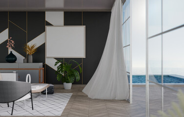 3D mockup blank photo frame in living room rendering