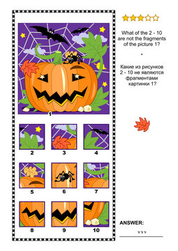 Halloween visual logic puzzle with pumpkin, bats and spider: What of the 2 - 10 are not the fragments of the picture 1? Answer included.
