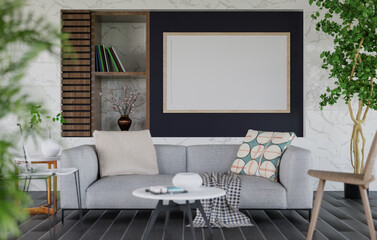 3D mockup blank photo frame in living room rendering