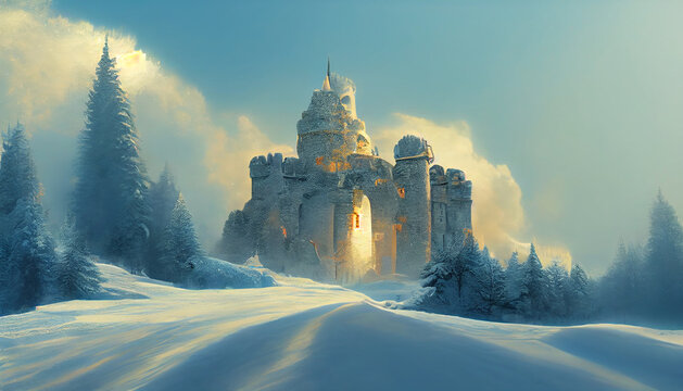 A huge fantasy castle covered by snow in the mountain snow . 3D illustration