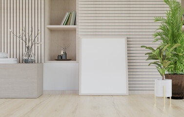 Fototapeta na wymiar 3D mockup blank photo frame in living room rendering
