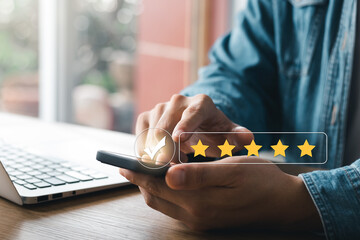 Service quality survey leading to business reputation ratings, smiley pop-up icons and five stars....
