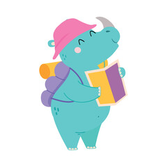 Cute Rhino Traveler with Map and Backpack Having Journey on Vacation Vector Illustration