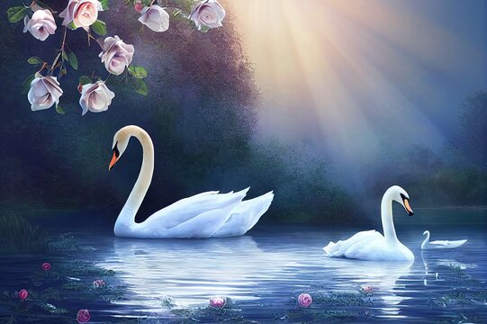 White Swan swimming in lake, fantasy magical enchanted fairy tale landscape with beautiful elegant bird, fairytale blooming roses flowers on mysterious shining background with sun rays. High quality