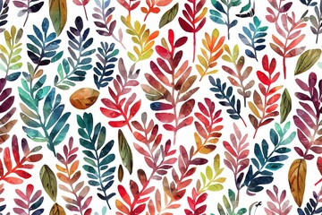 Fototapeta na wymiar Wildlife abstract pattern, colorful seamless print with birds, flowers, leaves and berries on tree branches. Watercolor autumn illustration on white background.