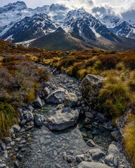 Early Spring walk through the Hooker Valley in Mount Cook National Park, New Zealand
