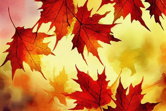 Watercolor autumn background in yellow, red, orange colors. Beautiful splash of paint. abstract creative background. Maple leaves