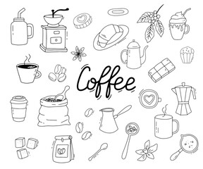 Coffee sketch set. Doodle coffee cup,turk and grinder . Vector illustration isolated on white