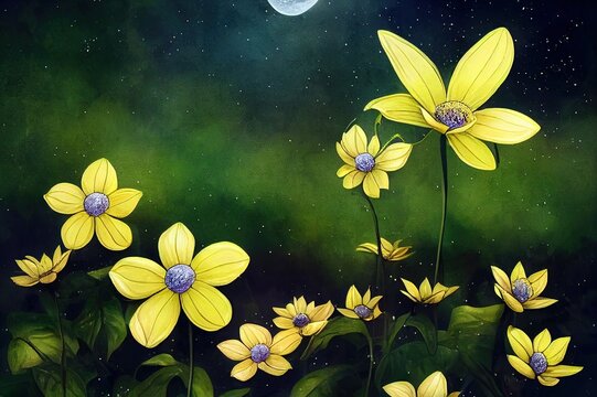 Yellow ficaria Flower in Fantasy magical garden in enchanted fairy tale dreamy Forest, fairytale glade on mysterious midnight background, elven magic woods in night darkness with moon light