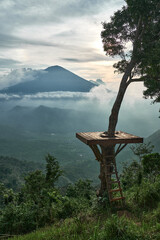 tree house in the jungle with volcano in the background 