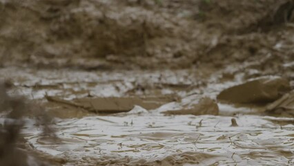 Slow motion close up mud splash in mud puddle surrounded by dirt