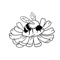 Honey bee on flower isolated on white. Insect in hand drawn style. Vector monochrome doodle illustration.
