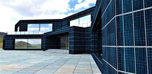 Architectural solution to decorate facade of building with solar panels. The area of photovoltaic surface with powerful batteries makes it possible to abandon industrial power grid. 3d render.