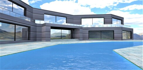 Obraz premium End of holiday season. Empty area near the pool of a futuristic country hotel. Exterior trim made of aesthetic energy-saving material with aluminum coating. 3d render.