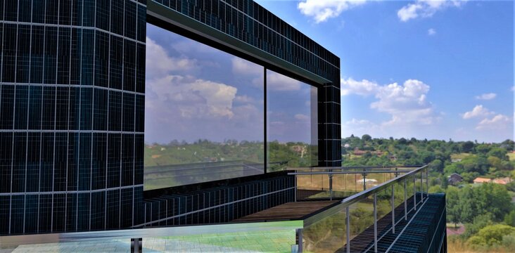 Balcony of a stylish eco-friendly house finished with solar panels. Glass railing with steel fasteners. Wonderful cloudy day in a cozy village. 3d render.
