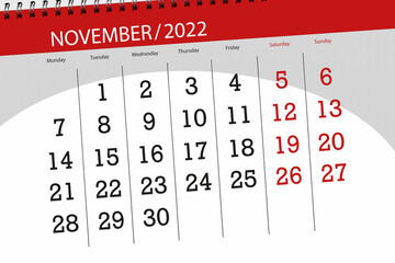 Calendar 2022, deadline, day, month, page, organizer, date, november