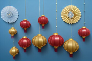 Chinese blue background for product display presentation. Happy Chinese new year concept with folded paper fans, lanterns, gold stars. Mid autumn festival background. 3d render