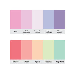 Matching pastel color palette guide catalog collection. RGB HEX codes with color names. Suitable for fashion Branding etc. 2 color palettes each contain 5 colors. Including green pink purple.