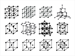 Set of Volumetric Crystal lattices. Molecular, Atomic, Ionic, Metallic Crystal lattice.
Crystal lattice  of diamond, graphite. The position of atoms in a crystal. Vector illustration for physics, scie