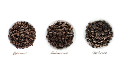 Coffee beans 3 roasting levels with shaded letters in order of light, medium and dark roasts in a cup and white background.