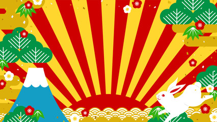 カラフルでポップなおめでたい雰囲気の背景素材／うさぎ年版（横向き16:9）