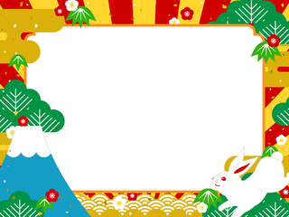 カラフルでポップなおめでたい雰囲気の背景・フレーム素材／うさぎ年版（横向き）