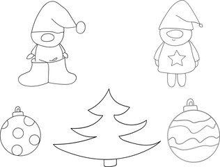 Gnomes with Christmas toys clipart illustration. Hand-drawn doodles illustration. Line art. Icon