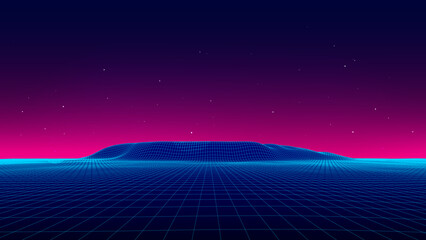 Futuristic 3d retro landscape with night sky, sunset and stars on horizon. Digital style background of the 1980s. Blue neon mountains. Big Data visualization. Vector illustration.