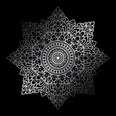 Octagon mandala pattern applied thai art style. Silver gradient dark black background. Vector illustration.