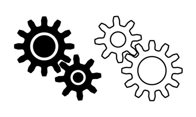 Set of 2 mechanical cogwheels, small 8 teeth and large 12 teeth. Silhouette gear icon design element. Black line art on a white background. Vector illustration.