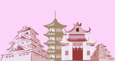 Image of diverse chinese temples on pink background with copy space