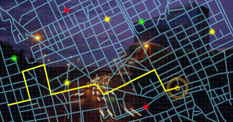 Navigation map line scheme against aerial view of night city traffic