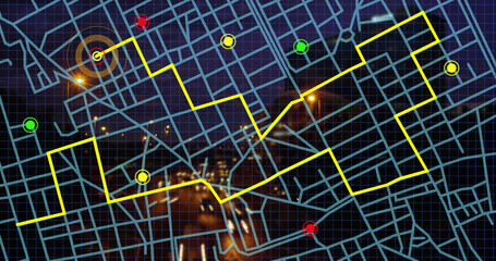 Navigation map line scheme against aerial view of night city traffic