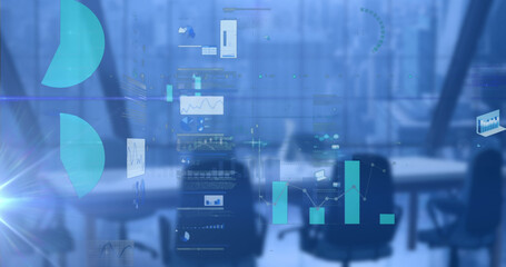 Image of data processing with statistics over empty office on blue background