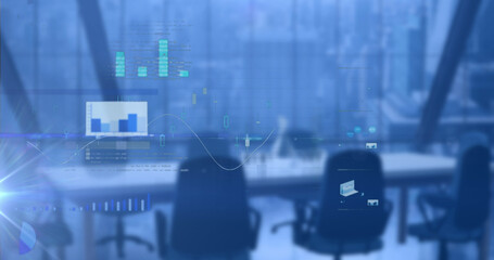 Image of data processing with statistics over empty office on blue background