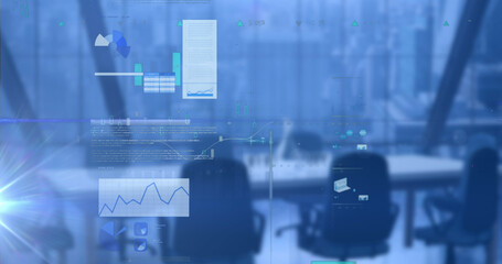 Image of data processing with statistics over empty office on blue background