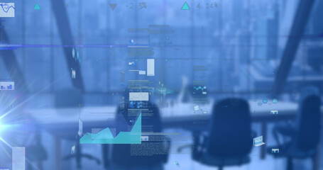 Image of data processing with statistics over empty office on blue background