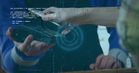 Image of data processing, scope scanning over woman paying with smartphone