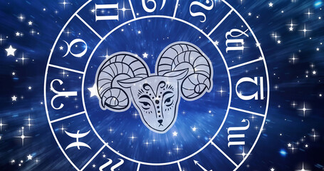 Image of aries star sign symbol in spinning horoscope wheel over glowing stars