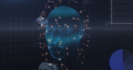 Image of human head and data processing over digital screen