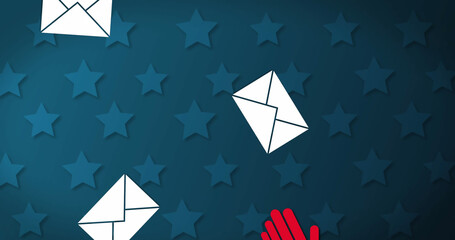 Fototapeta premium Multiple envelope icons and hands against stars on blue background