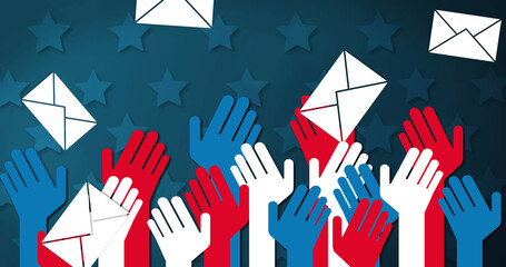 Multiple envelope icons and hands against stars on blue background