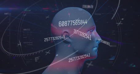 Image of numbers changing over human head spinning and scope scanning in background
