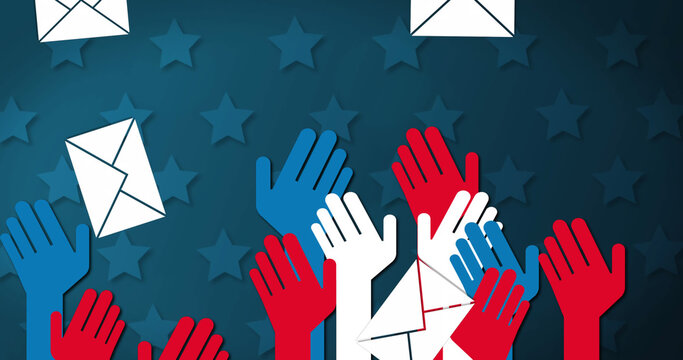 Multiple envelope icons and hands against stars on blue background
